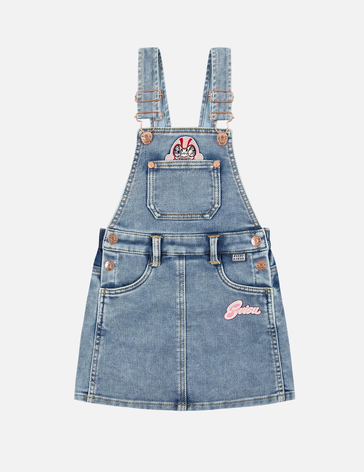 Daruma Embroidery Denim Dungaree Dress
