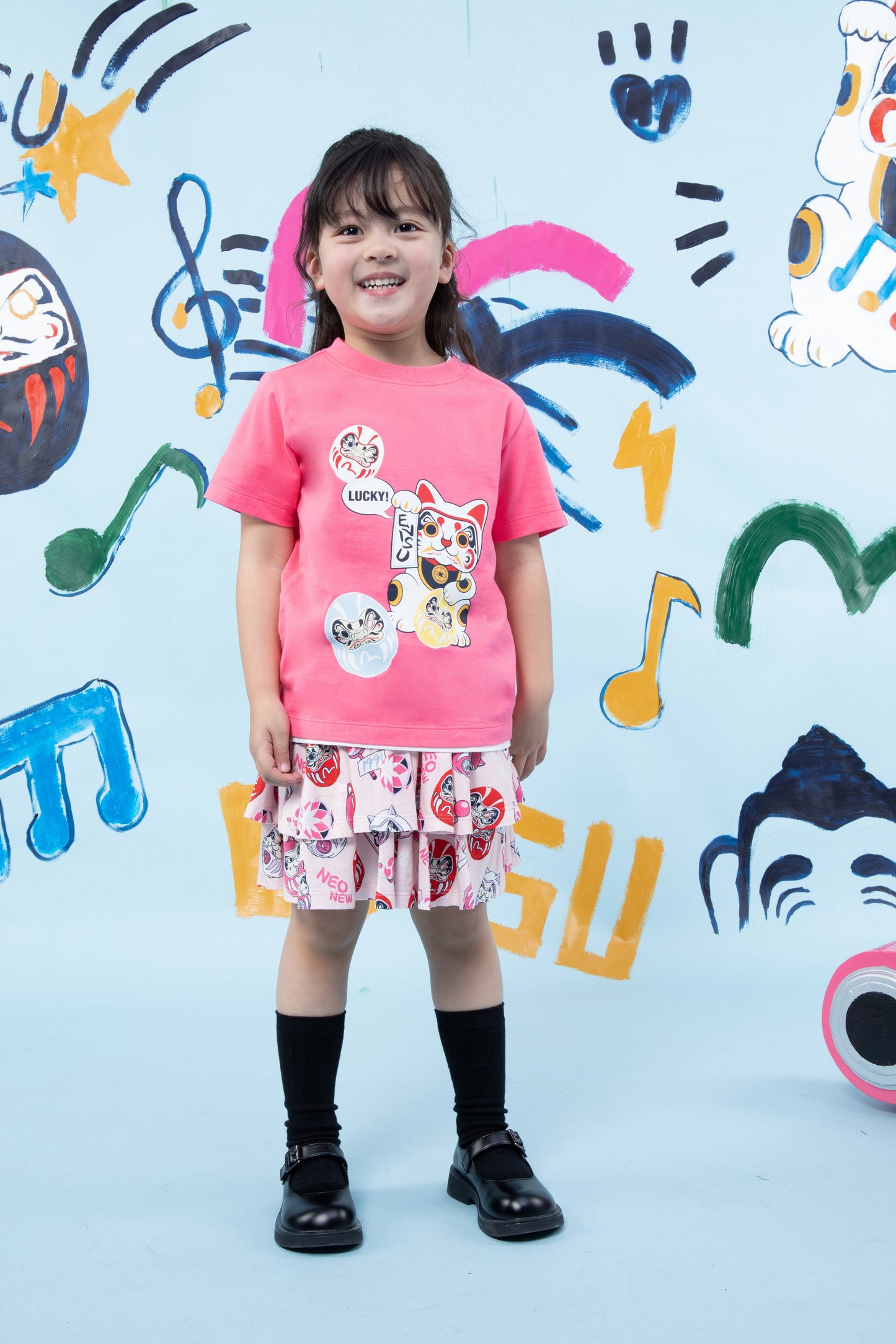 Fortune Cat and Daruma Print T-shirt