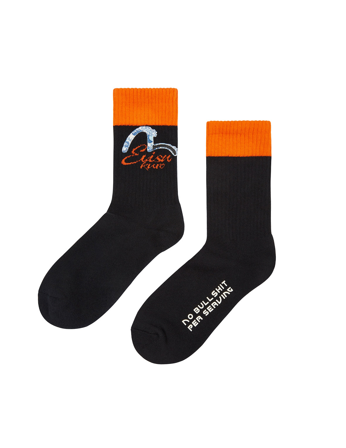 <p>Designed with an orange and black palette, this pair of socks also comes with EVISUKURO logo jacquard and wave pattern seagull embroidery. The slogan of “No bullshit per serving” can be found at the bottom for a cool take.</p><li>Seagull embroidery, EV