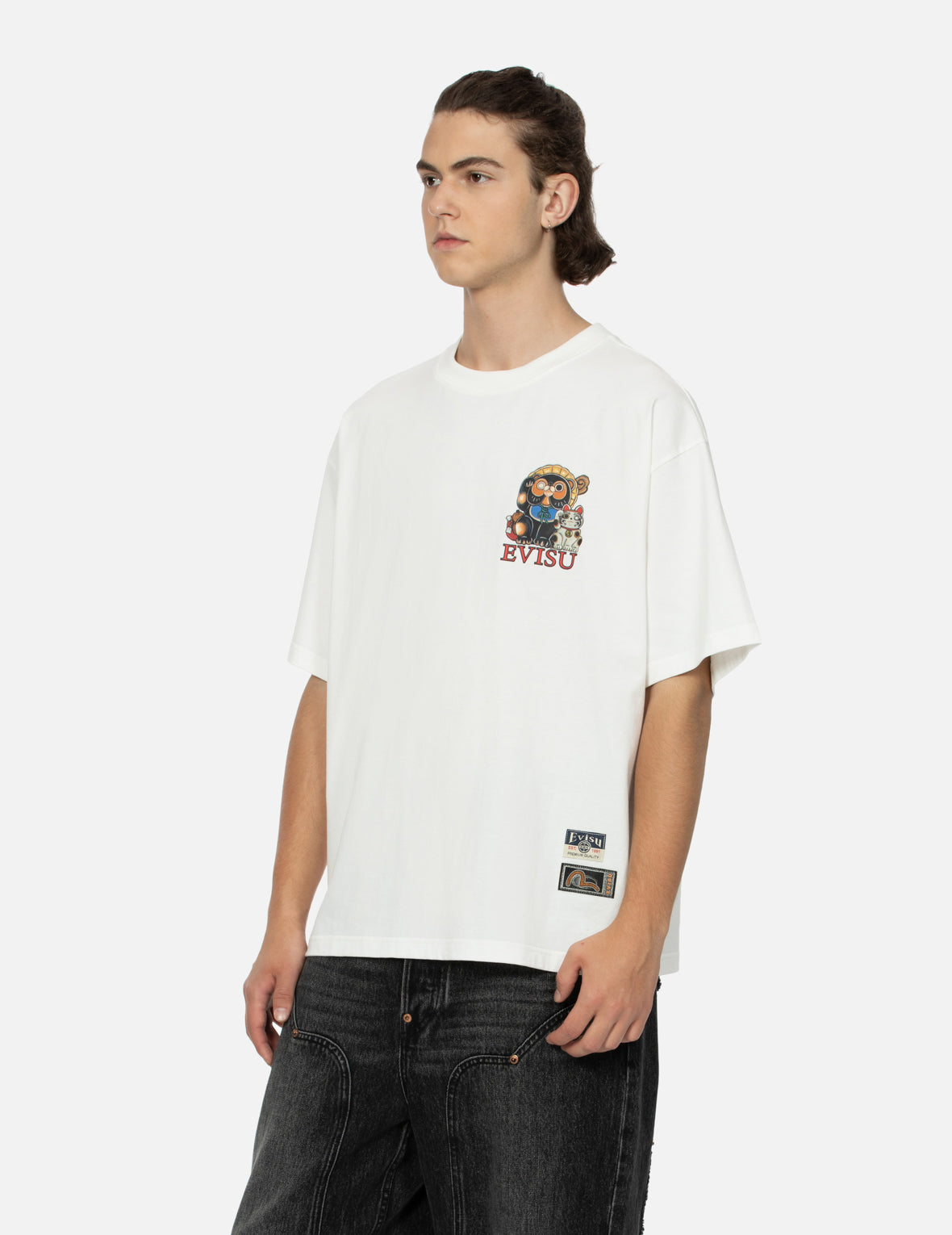 Tanuki and Fortune Cat Print Loose Fit T-Shirt