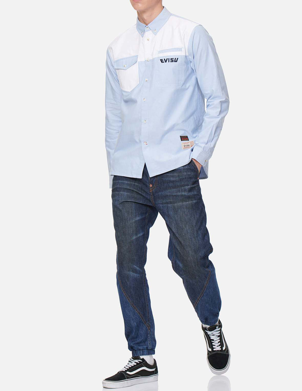 Tonal Blocking Denim Jogger Pants