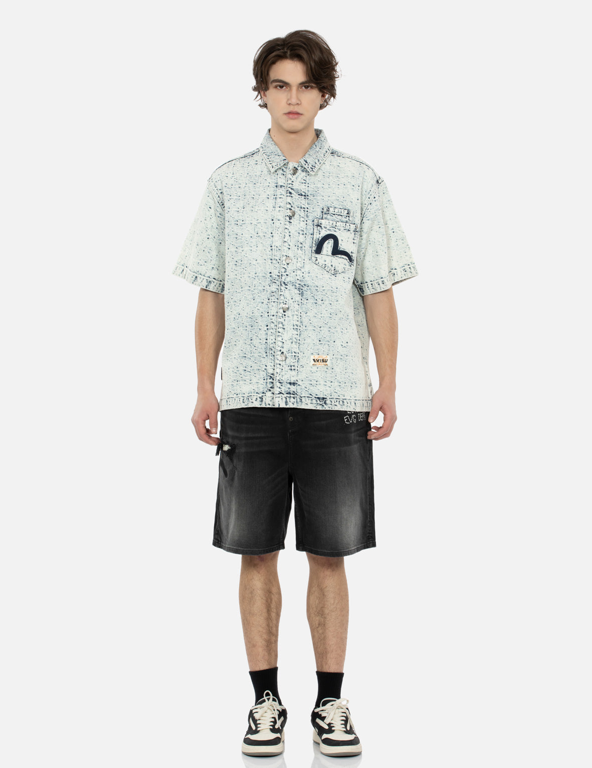 Washed Allover Kamon Jacquard and Seagull Embroidery Boxy Denim Shirt
