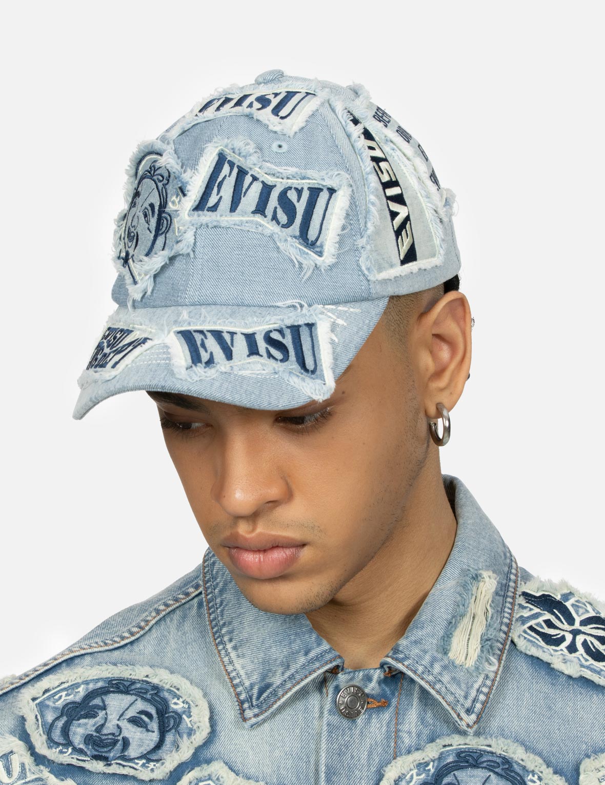 Multiple Distressed Logo and Godhead Patch Denim Cap