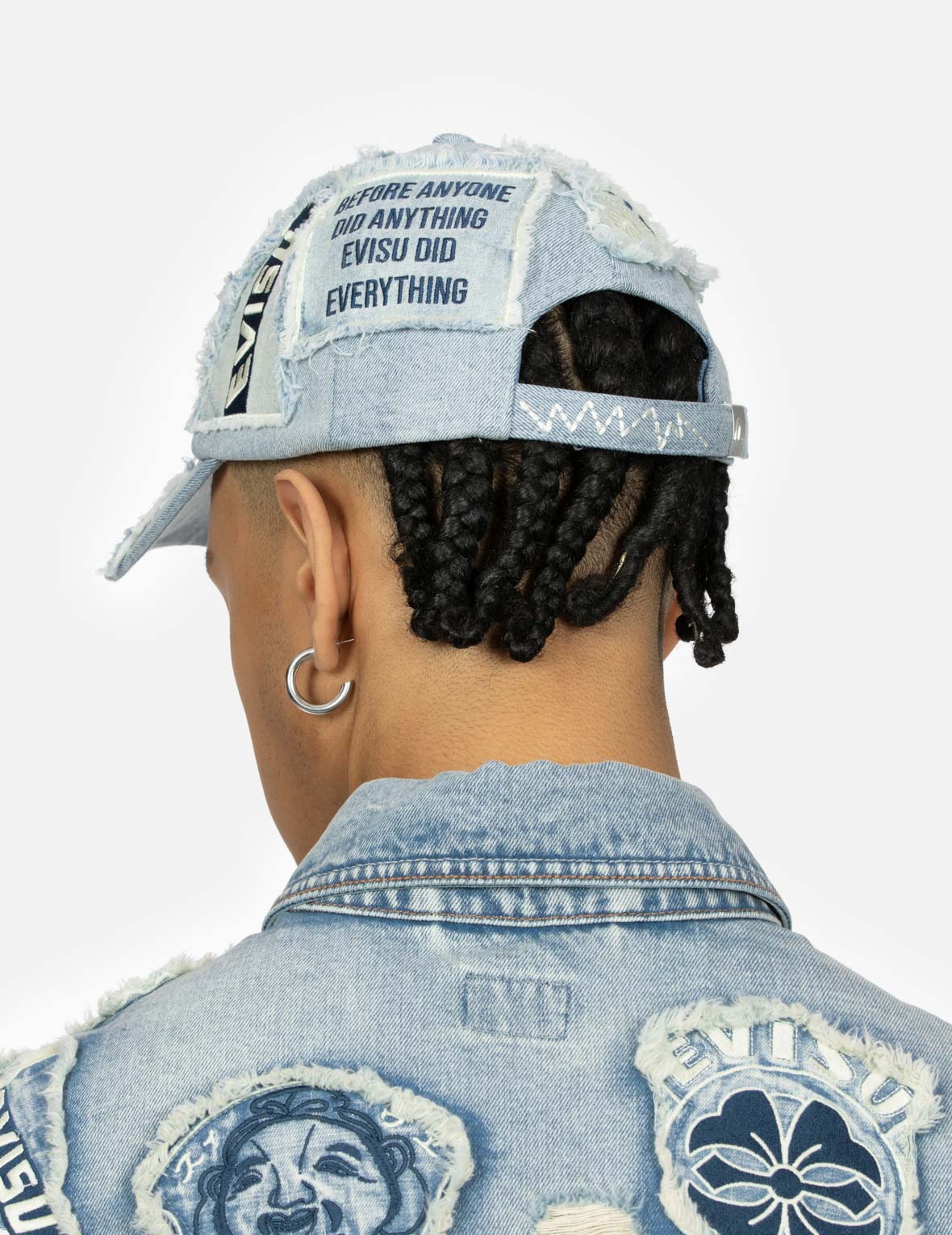 Multiple Distressed Logo and Godhead Patch Denim Cap