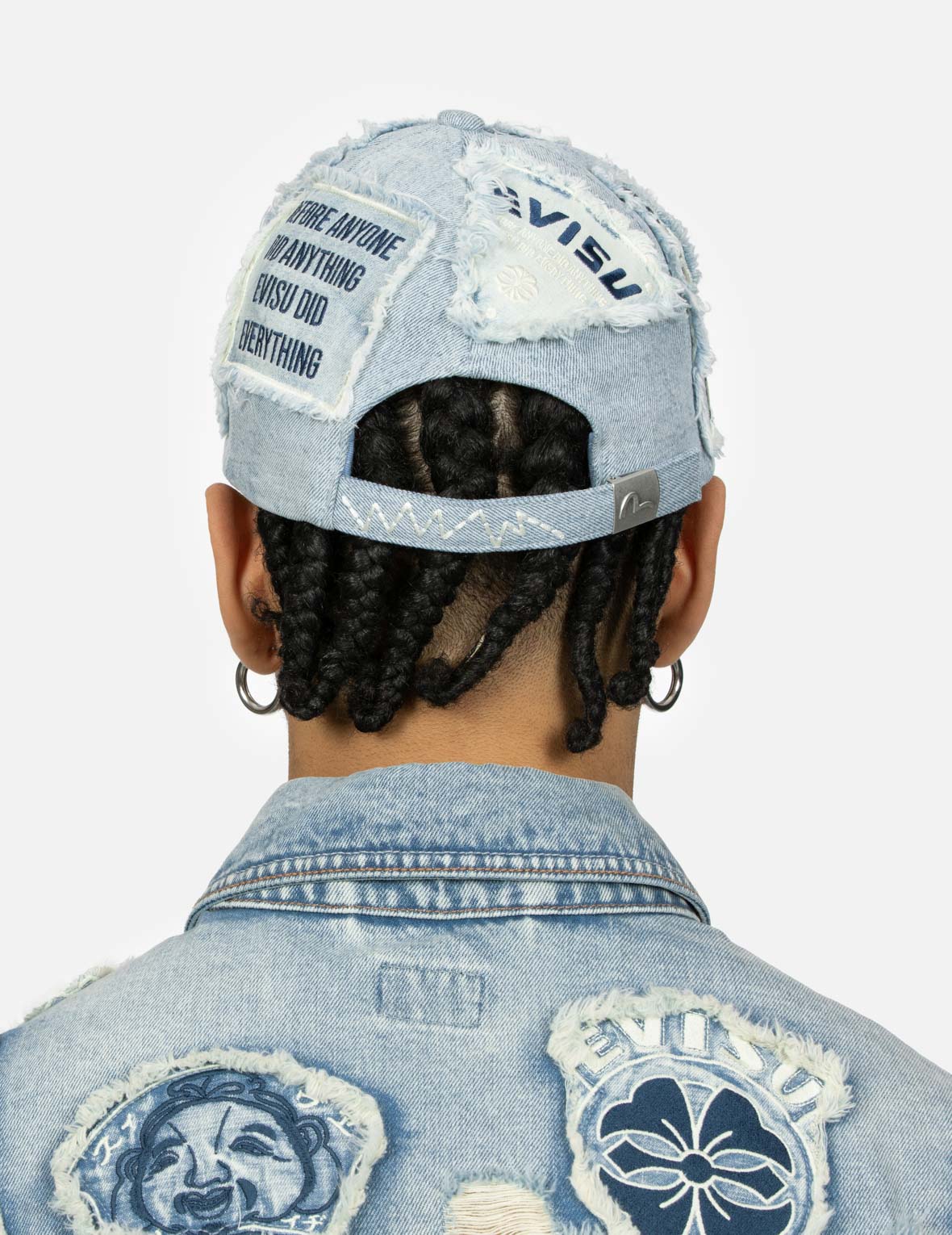 Multiple Distressed Logo and Godhead Patch Denim Cap
