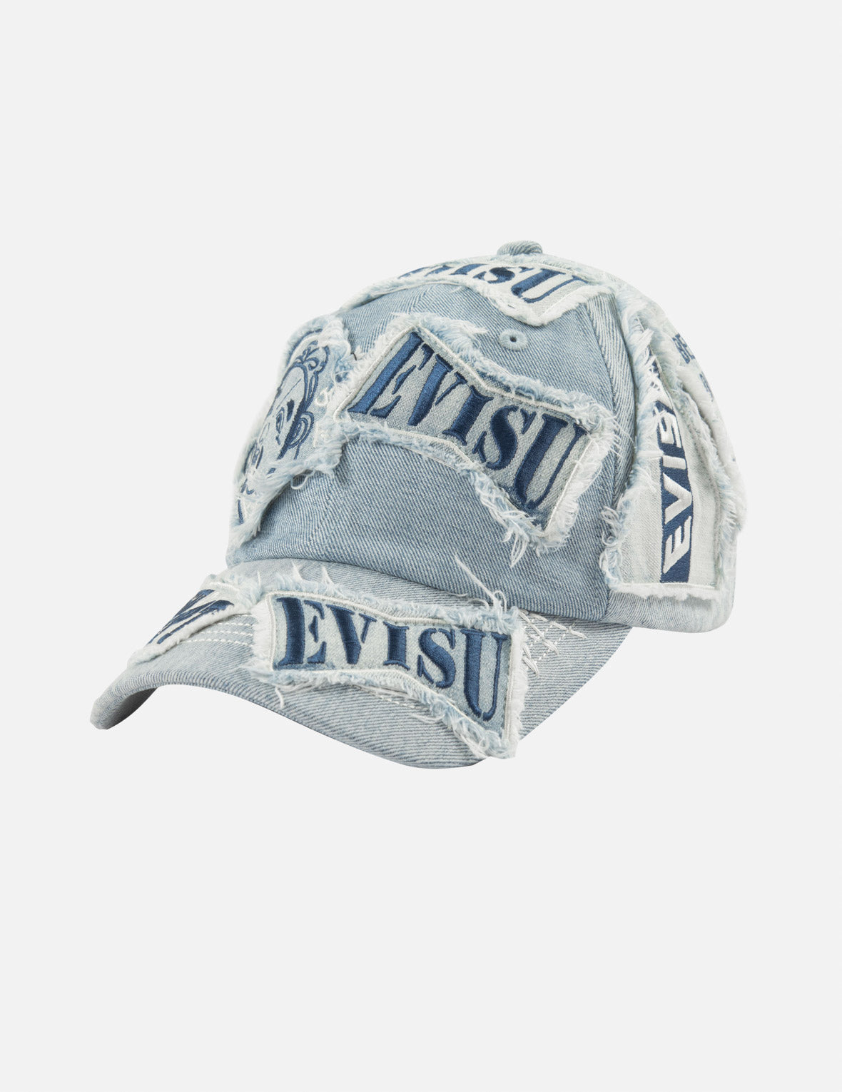 Multiple Distressed Logo and Godhead Patch Denim Cap