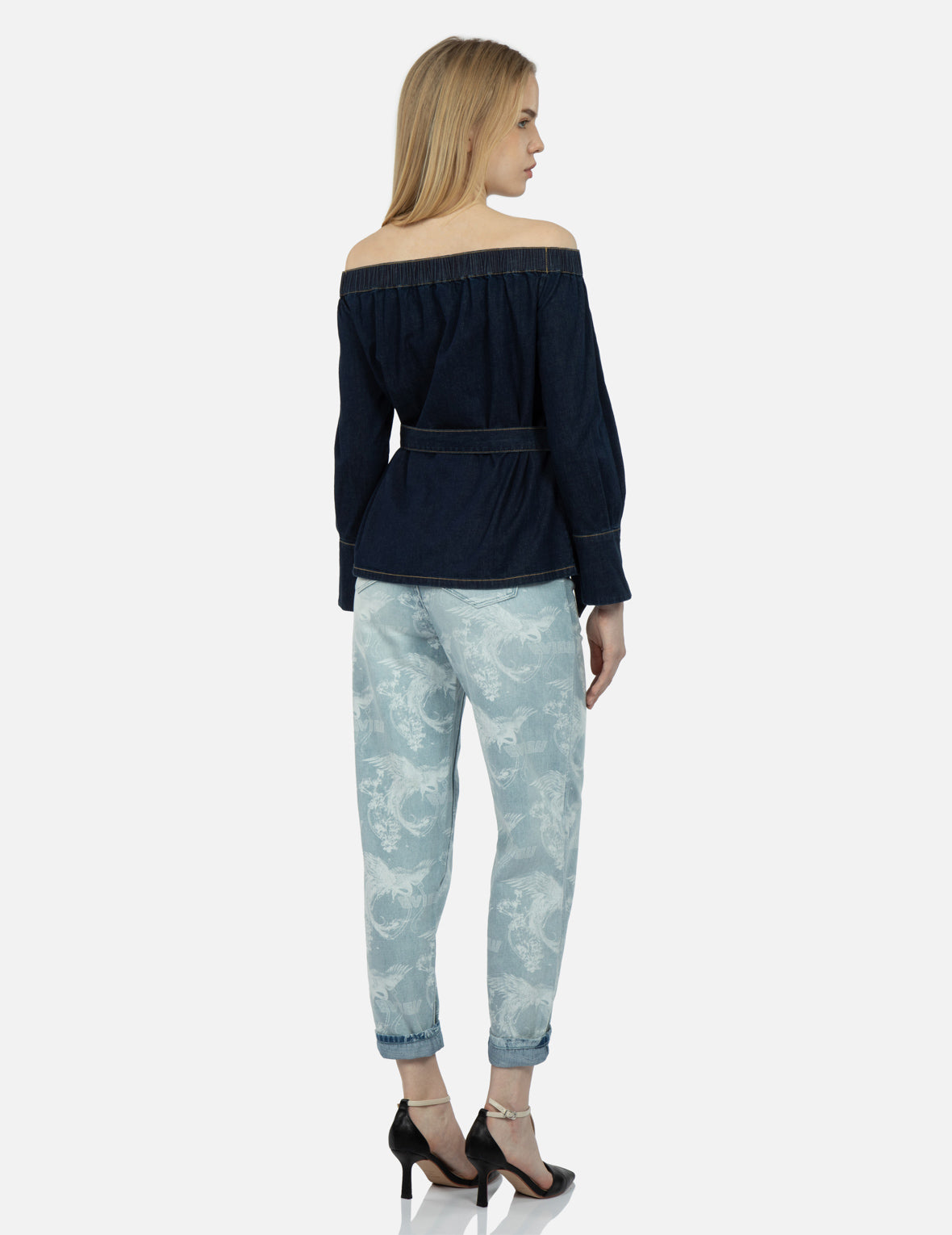 Logo Embroidery Off-Shoulder Denim Blouse