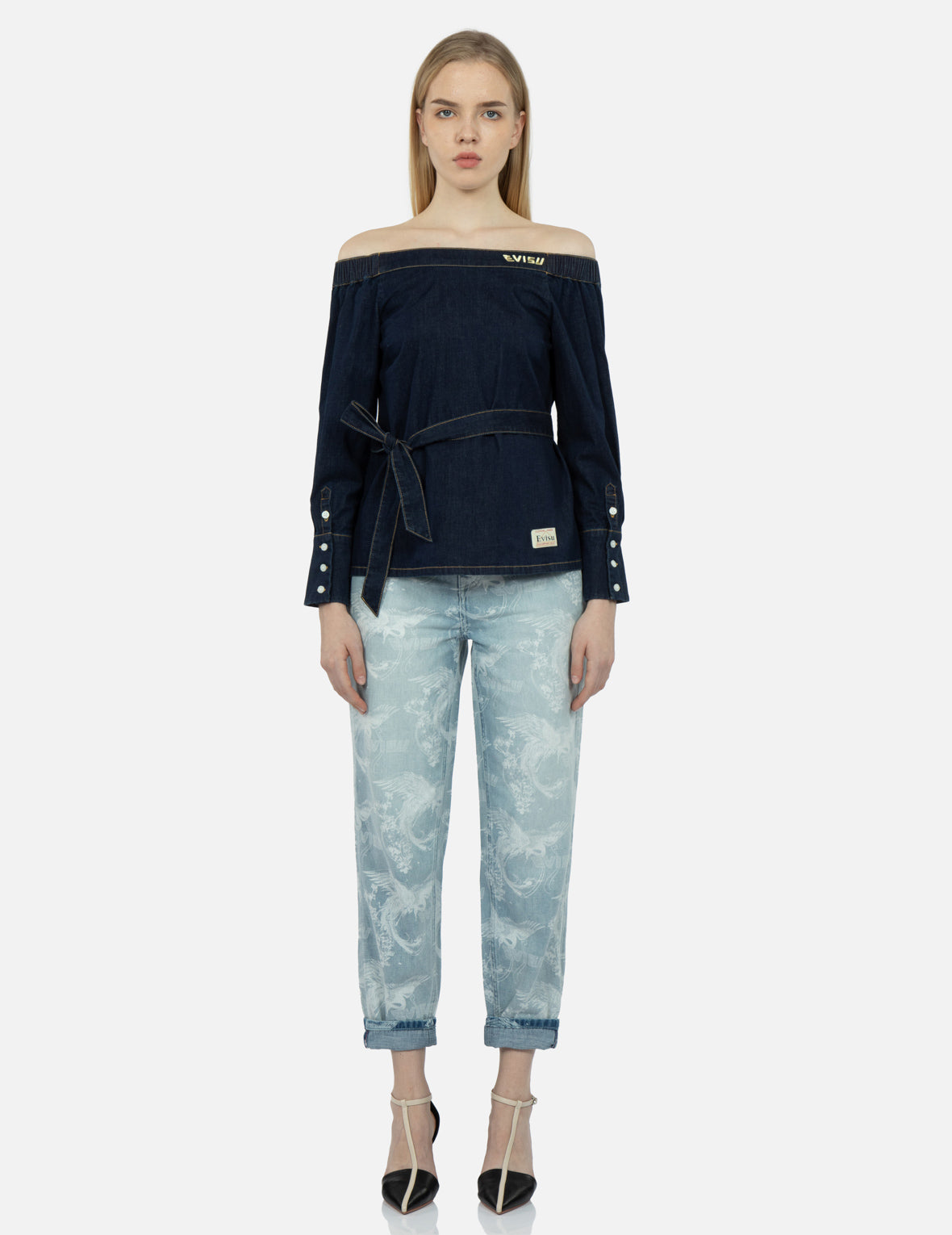 Logo Embroidery Off-Shoulder Denim Blouse