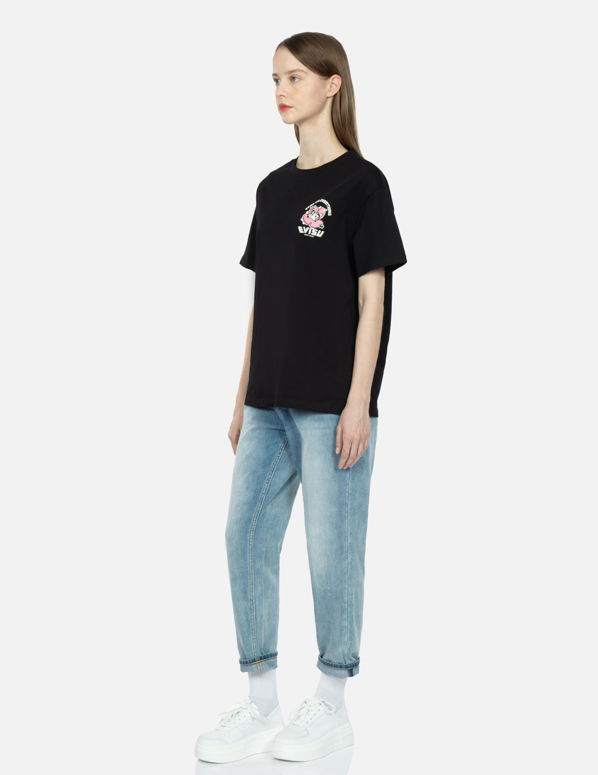 Graffiti Daruma Daicock Print Denim Taper Jeans