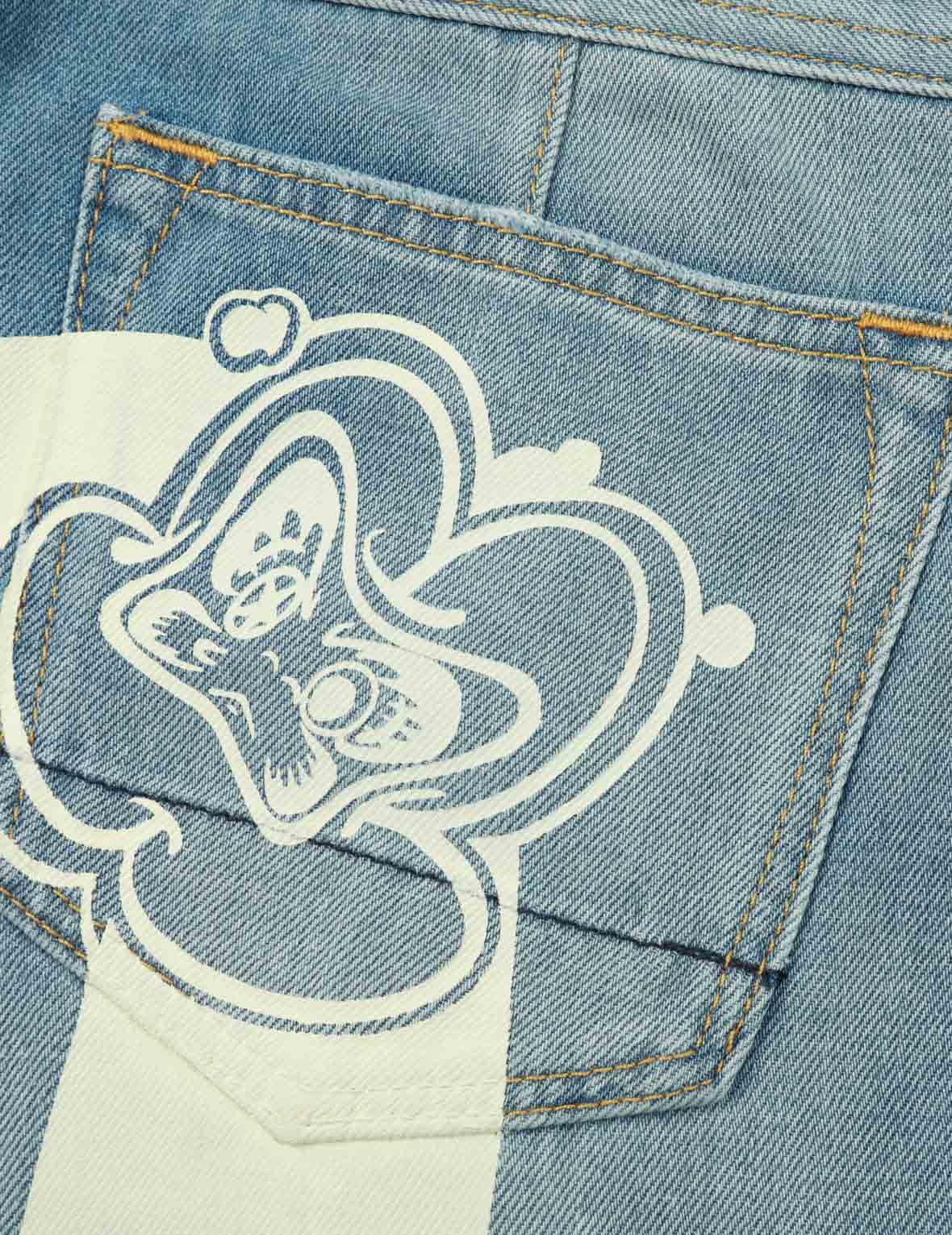 Graffiti Daruma Daicock Print Denim Taper Jeans