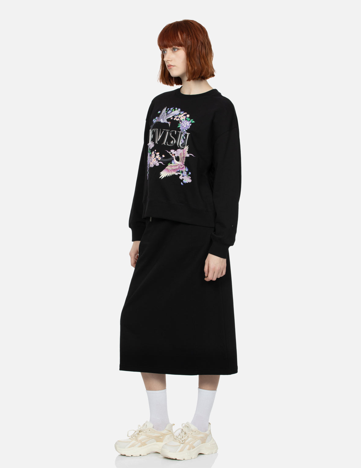 Cranes and Floral Embroidery with Logo Print Oversized Sweatshirt